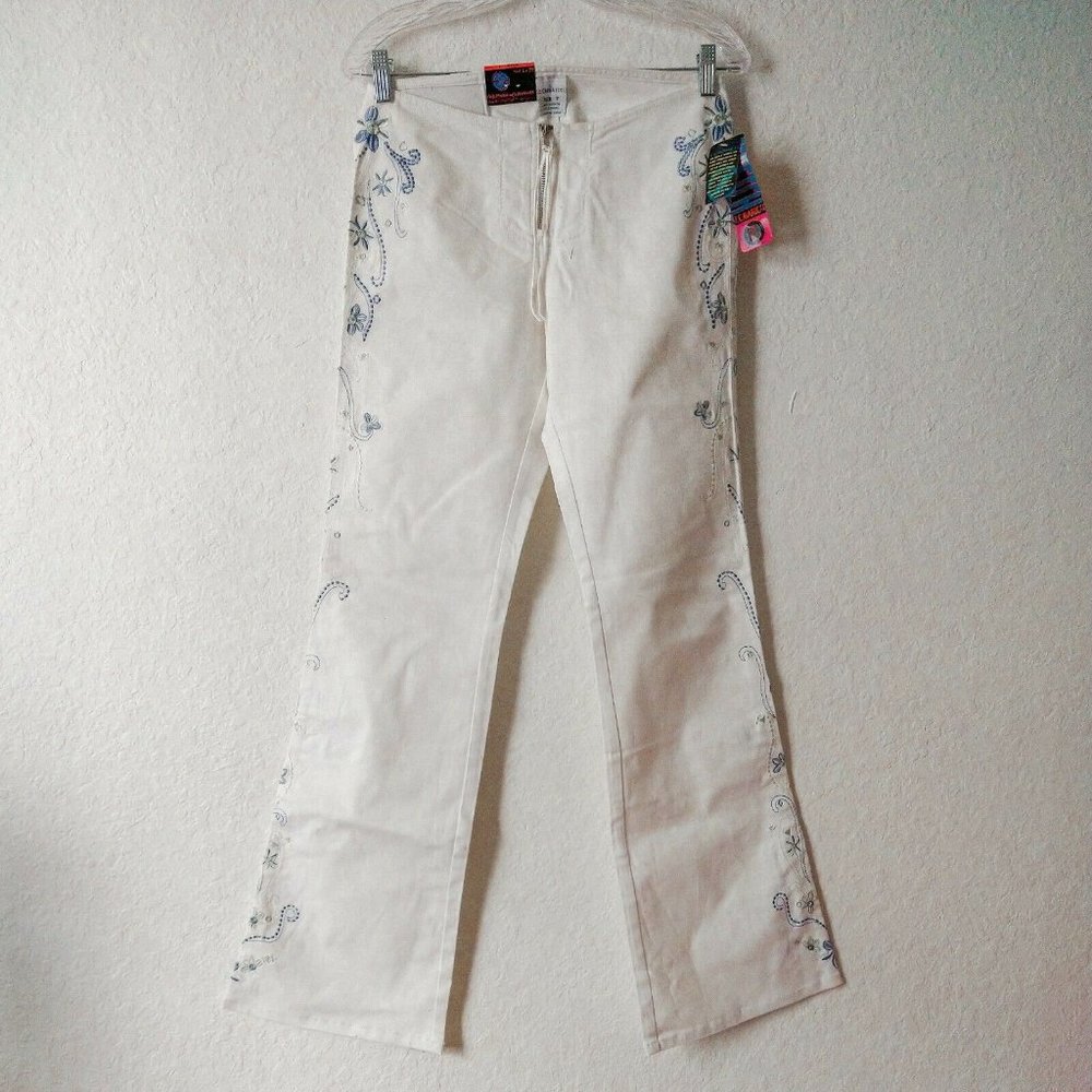 Vintage 90s Era Z Cavaricci Womens White Embroidered Flared Leg Jeans Size 7